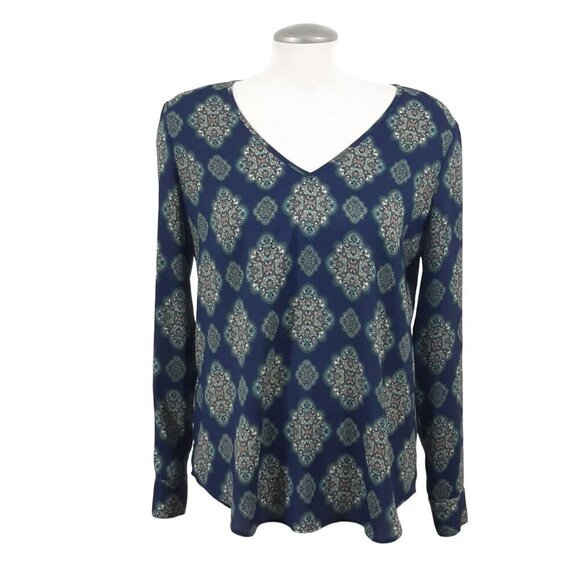 Ann Taylor Womens Medium Blouse Navy Blue Batik Print Long Sleeve V Neck Office - Picture 1 of 6